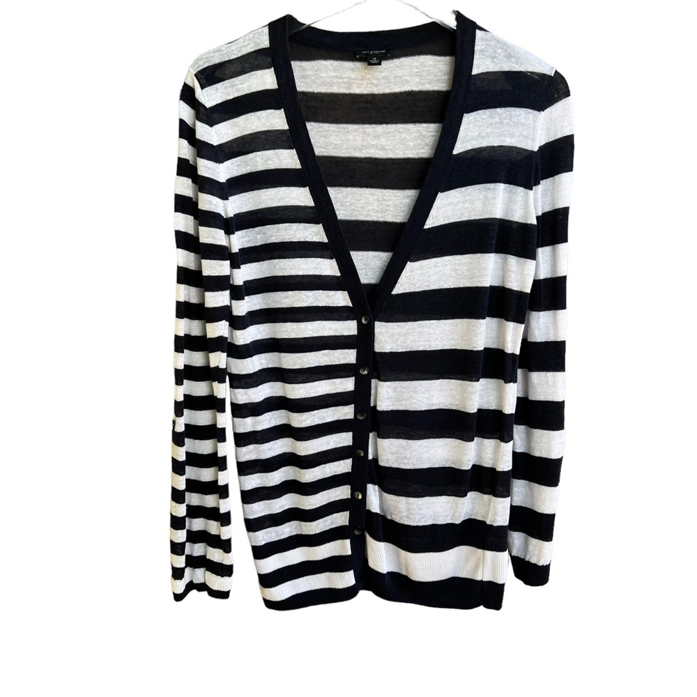 Ann Taylor Navy White Linen Blend Uneven Stripe Cardigan Sweater Medium